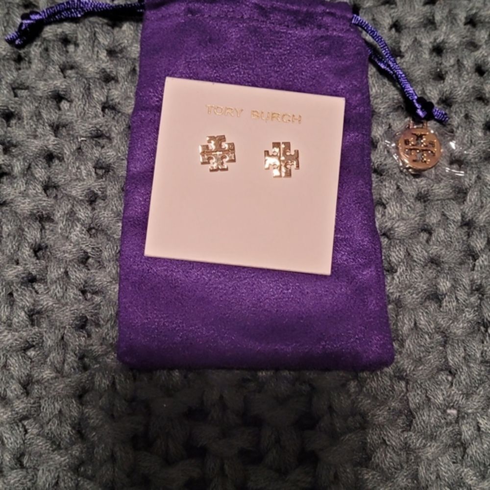 Tory Burch Small Logo Stud Women's Golden Authentic Earrings With Pouch One Size